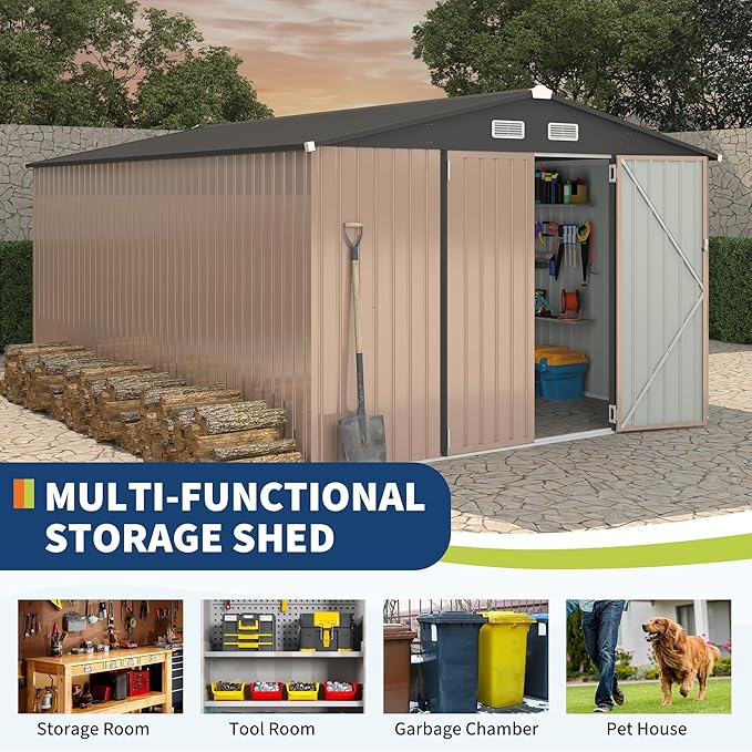 10X14 Ft Outdoor Metal Storage Building, Secure Lockable Door & Air Ventilation System, Premium Metal Tool Shed for Garden, Backyard, Patio, Ideal for Lawn Equipment & Tools