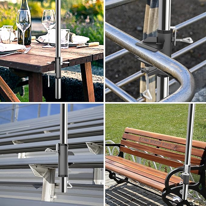 Outdoor Umbrella Clamp, Stainless Steel Umbrella Holder, Adjustable Deck Umbrella Mount with Umbrella Hook Accessory Mount for Picnic Table, Bleachers, Railing (Black)