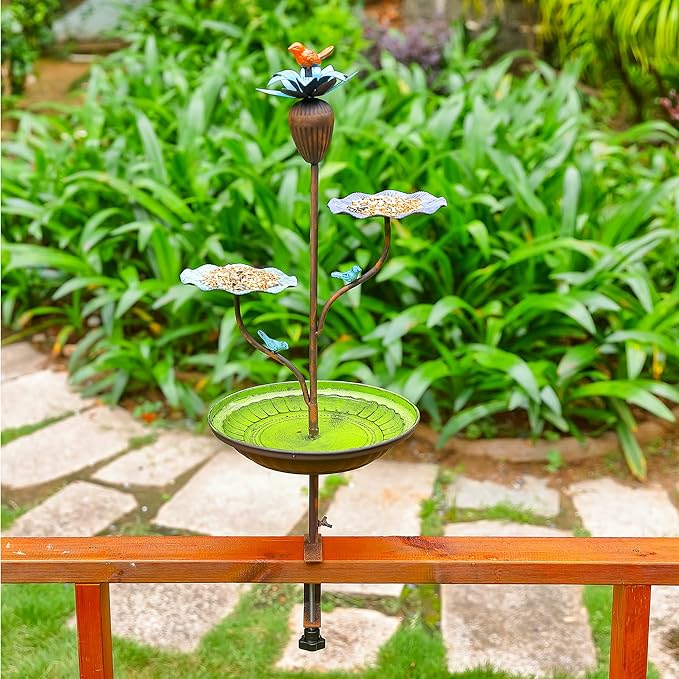 Lotus Theme Deck Railing Bird Bath Feeder Combo, Multi-Function Railing Bird Feeder & Bird Bath for Outdoor Use