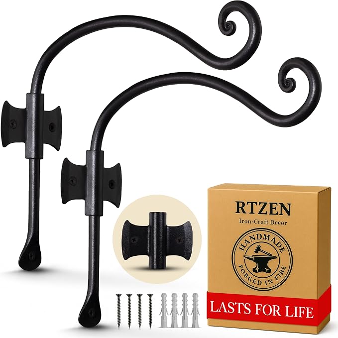 RTZEN Plant Hangers Outdoor or Indoor - Wrought Iron Metal Hanger Indoor Hook - Heavy Duty Wall Bracket Hooks for Hanging Plants Baskets Lanterns Bird Feeders - 2 Pack (Black Axe-Shape Hooks 10")