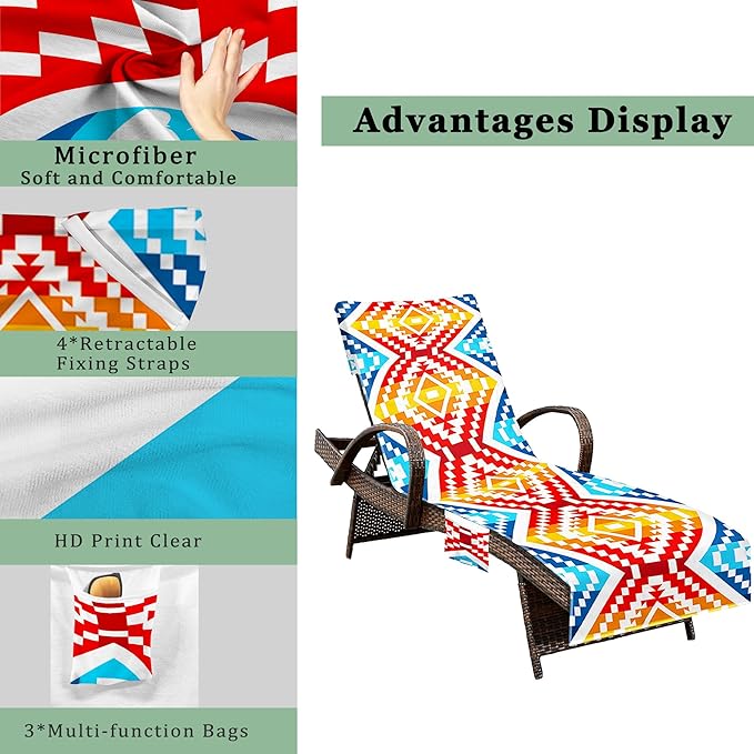 Lounge Chair Towel Cover, Beach Chair Cover (Pack of 2), Pool Lounge Chair Covers for Outdoor,Garden, Beach,Sun Lounger,Hotel Pool,Large Size and No Sliding, 85" X 30", Orange Red Rhombus