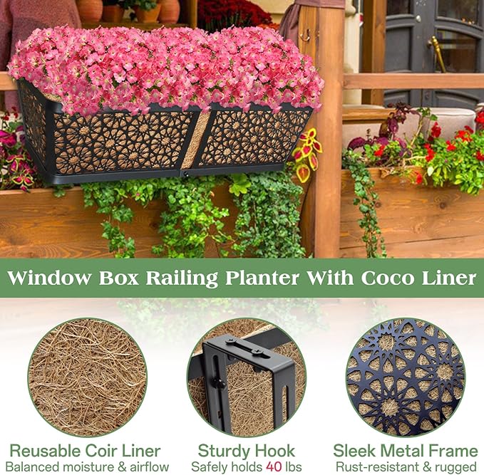 ZeeDix Railing Planter Boxes, 24 Inch Window Flower Box Planters with Coco Liner & Adjustable Brackets for Deck Porch Fence Patio Balcony Gardening Outdoor Plants (2 Pack)