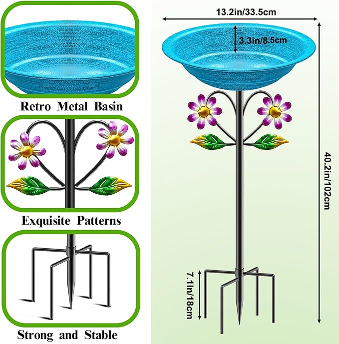 Metal Bird Bath for Outside Garden Birdbath Bowl, Freestanding Bird Feeders for Outdoors with 5 Prongs Base Stake, Standing Birdfeeders Bath Bowl for Yard Decor(Retro Blue)