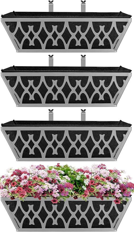 4 Pack 16 Inch Window Boxes Planters Railing Planter Box with Adjustable Brackets & Non-Woven Fabric Plant Grow Bags Deck Railing Planter Boxes Balcony Hanging Flower Box for Outdoor Plants