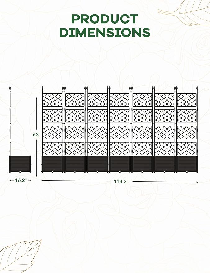 7 PCS Raised Garden Bed with Trellis & Privacy Screen, 116" w x 63" Tall Vertical Garden Planter Box for Climbing Plants - Sturdy Lightweight Outdoor Planter for Vegetables, Flowers on Patio, Balcony