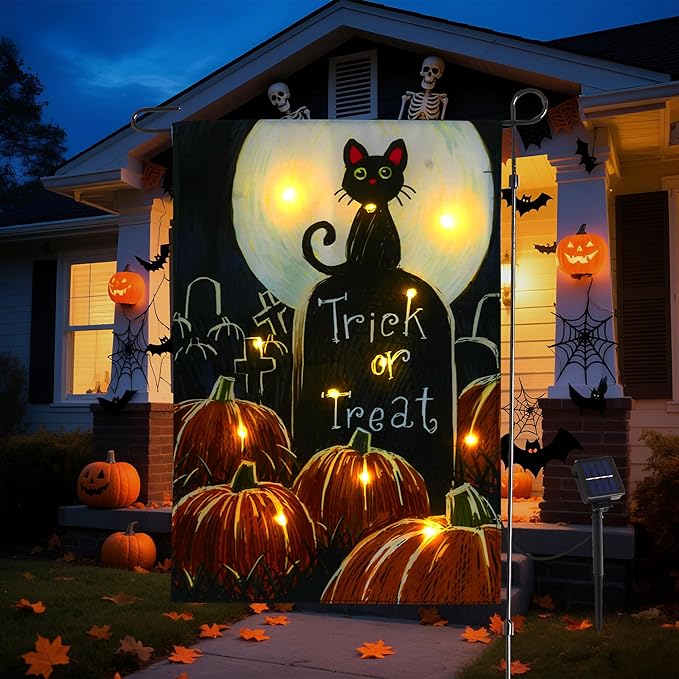 Solar Lighted Christmas Black Cat & Pumpkin Garden Flag Stake, Double-Sided Outdoor Yard Decor, LED Flag for Patio Lawn Thanksgiving Party Winter Holiday Decorations & Gifts