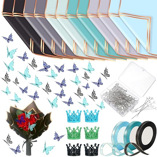 Qilery 243 Pcs Flower Bouquet Wrapping Paper Waterproof Floral Wrapping Paper Florist Supplies with Butterfly Decoration Crowns Ribbons Bouquet Pin Glue for DIY Craft (Fresh Color)