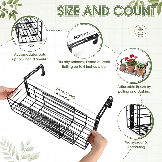 Youyole Railing Hanging Planter Holders, Adjustable Balcony Flower Pot Rack Stand, Expands 14"-36" Iron Hanger Hooks Fit Almost Any Balcony, Fence or Deck Railing up to 8" Wide(Black)