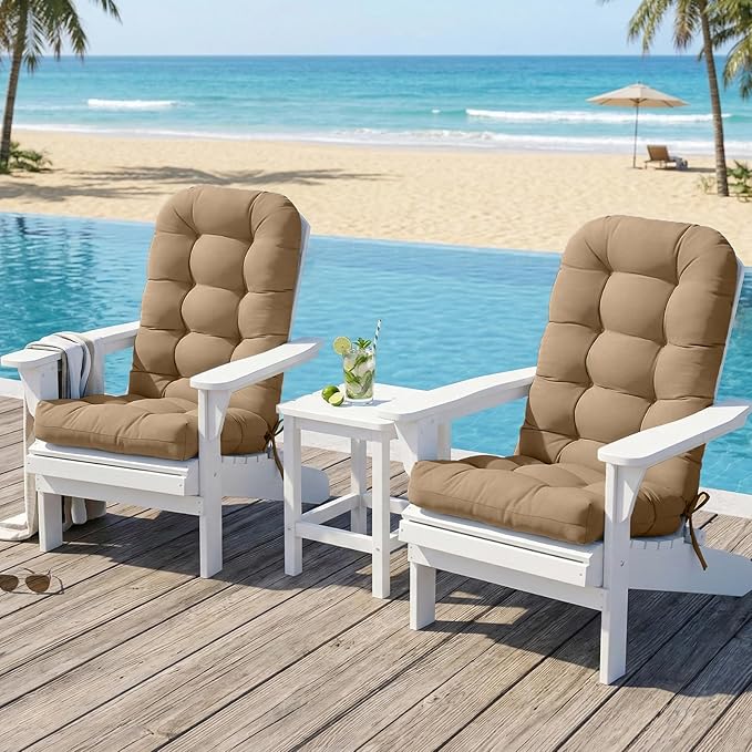 COOS BAY High Back Adirondack Chair Cushions for Outdoor Furniture, 49x20x5 in Water-Resistant Thick Tufted Patio Chair Cushions with Secure Straps, Set of 2, Khaki