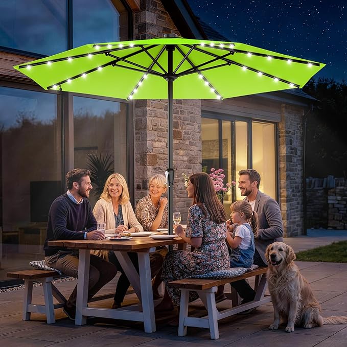 AreShark 11FT Large Patio Umbrella with Solar Lights, Lighted Solar Umbrella with Crank, Outdoor Table Market Umbrellas for Garden, Deck, Backyard, Pool and Beach, Apple Green