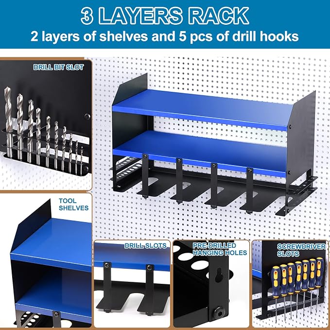 HARFINGTON Power Tool Organizer 3 Layers 5 Drill Storage Racks Wall Mount Style Garage Tool Shelf for Power Tools and Hand tools, 20"x9", Blue