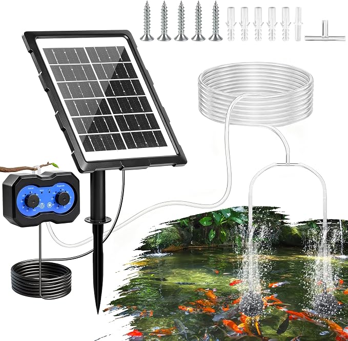 3W Solar Pond Aerator, Solar Aquarium Air Pump with 2 Air Stones, Dual Working Modes, Solar Pond Oxygen Pump for Fish Tank, Outdoor Small Pond, Hydroponics