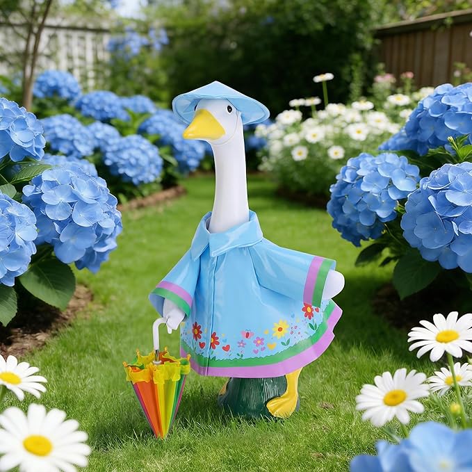 DECOHS 3 Pcs/Set Raincoat Porch Goose Outfits, Summer Lawn Goose Statue Raincoat Costume, Yard Goose Clothes Raincoats Umbrella Hat Outfit for 23" Statue Patio Garden Decoration (Blue)