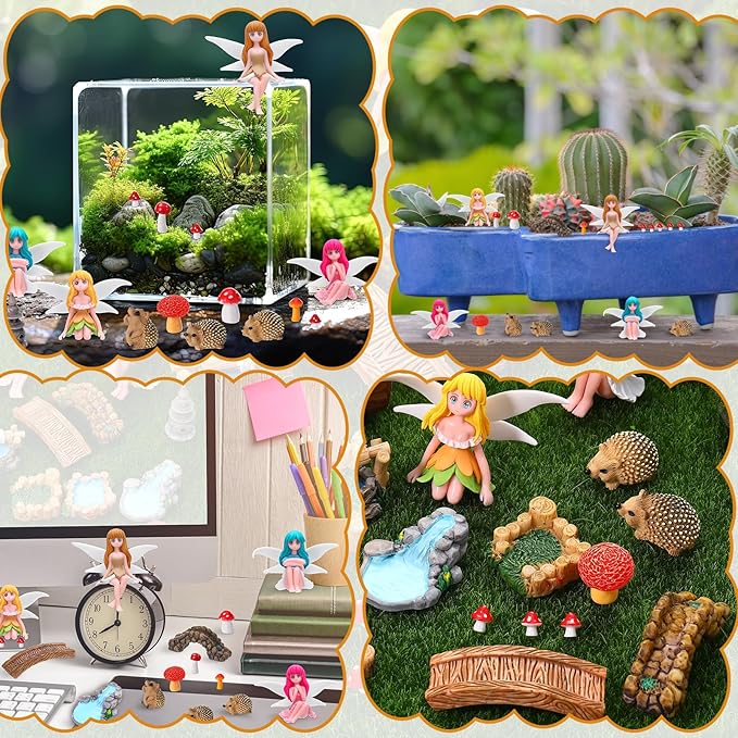 28Pcs Fairy Garden Accessories, Miniature Garden Ornaments Landscape Decorations Mini Fairy Figures Animal Plant Set for Outdoor DIY Terrarium Potted Plants Dollhouse Desk Decor