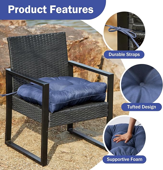 IPYNBAP Outdoor Chair Cushions Set of 2, Patio Chair Cushions with Ties, 19x19+5” Tufted Outdoor Seat Cushions, Waterproof Patio Furniture Cushions, Outdoor Dining Chair Pads, Navy