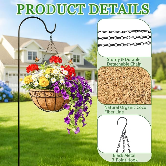 Hanging Planters for Outdoor Plants 4 Pack 12 inch Metal Hanging Flower Basket with Coco Coir Liner Wire Plant Holder Watering Flower Baskets Pot Hanger Garden Decoration for Indoor Outdoor(HBL)