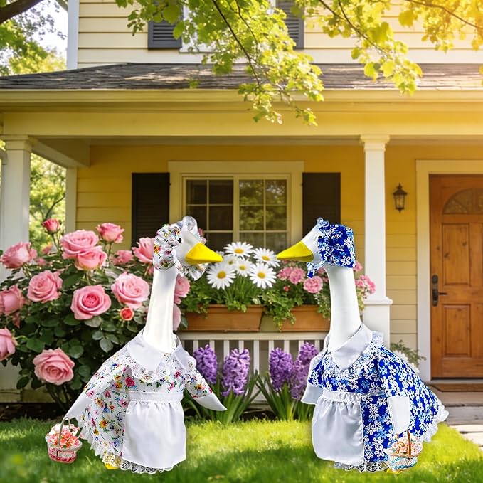 Spring Goose Outfit Flower Porch Goose Clothes for 23" Cement Statue Goose Costume with Daisy Skirt Outdoor Patio Yard Lawn Art Decoration(Blue)