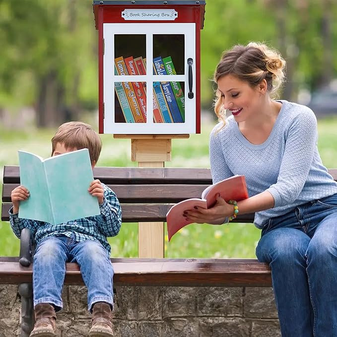 Outdoor Book Storage Box: Natural Wood Library Box with Reinforced Waterproof Roof, DIY Book Sharing Storage Box for Outside Neighborhoods Community Schools (Red Sloped Roof)