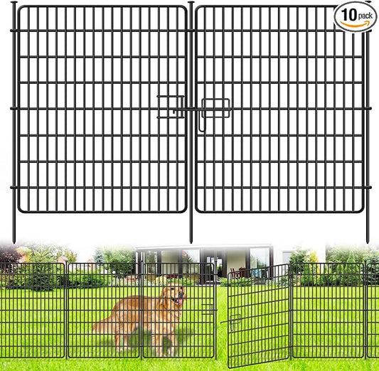 10 Panels No Dig Fence with Gate, 32 in(H) X 24 ft(L) Garden Decorative Fence Animal Barrier for Dogs, Rustproof Metal Garden Edging Border for Outdoor, Yard, Patio, Black