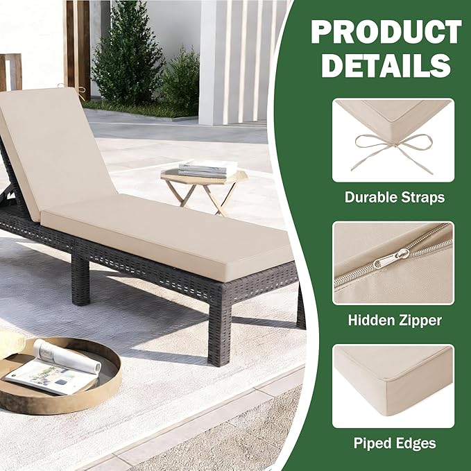 Chaise Lounge Cushions Outdoor, 72x 21x 3 Inch Waterproof & Fade-Resistant Lounge Chair Cushion, Outdoor Chaise Cushion with Removable Cover & Ties for Lawn, Patio, Pool & Beach, Beige