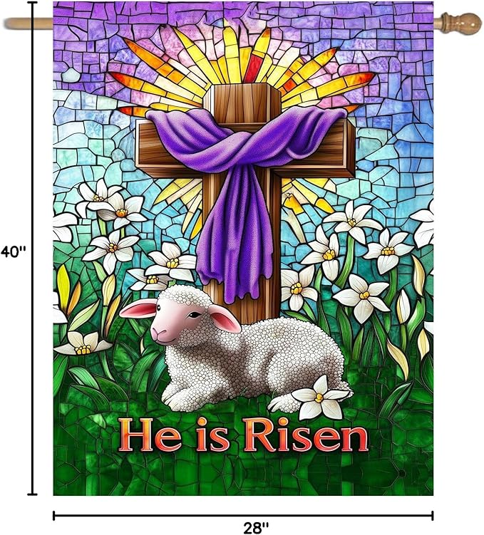 Christian Easter Garden Flags for Outside 28x40 Double Sided He Is Risen House Flag Religious Easter Lamb Decor Stained Glass Cross Flag Lily Spring Outdoor Flag Large
