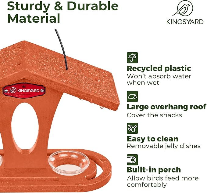 Kingsyard Bird Feeder for Outdoor Hanging, Recyceled Plastic Oriole Jelly Feeder, Two Dishes w/ 5 oz, Durable & Weatherproof, for Bird Lovers, Orange