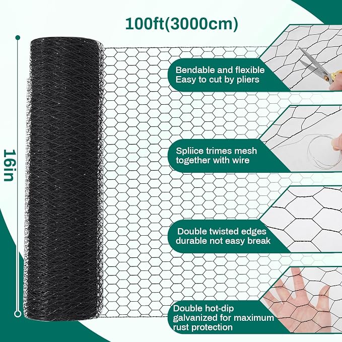 GlikCeil 16 in x 200 ft Chicken Wire Fencing Metal Floral Chicken Wire Mesh for Crafts Poultry Garden, 1 Inch Hexagonal Galvanized Hardware Cloth Netting for Poultry Coop Barrier Rabbit Cage(Black)