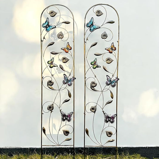 2 Pack Metal Garden Trellis with Colorful Butterfly, Outdoor Decoration Arched Fence Trellis for Climbing Plants for Patio, Backyard, Lawn, Wall Brackets