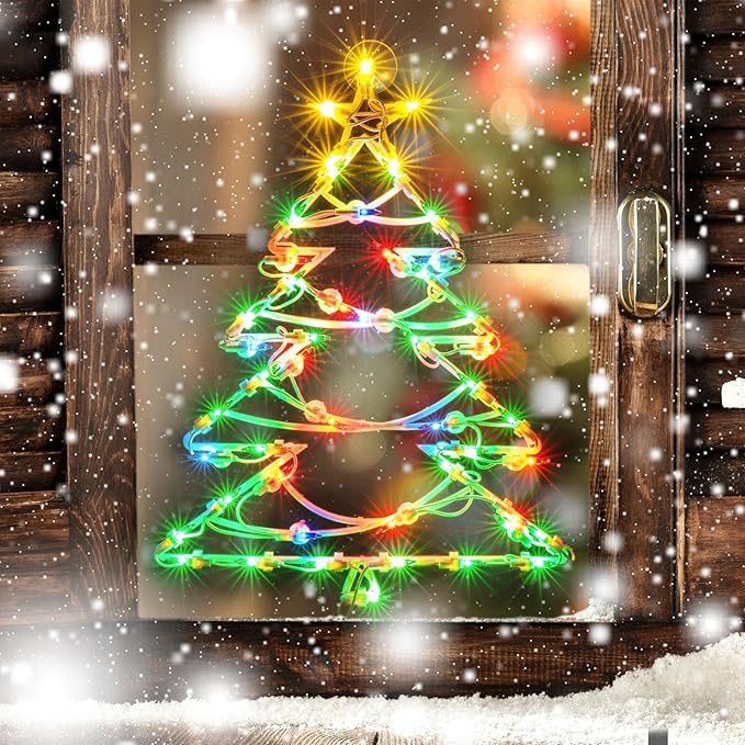 Christmas Window Silhouette Lights, Lighted Christmas Tree Double Sided Decorations with 50 Count Incandescent Mini Light for Holiday Indoor Wall Door Glass Decor