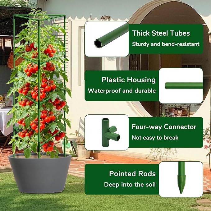 [Upgraded] ZeeDix 2 Pack Heavy Duty Tomato Cages for Garden, 57 Inch Foldable Plant Support Stakes for Heavy Climbing Plants, Adjustable Tomato Trellis for Pots Indoor & Raised Garden Bed Outdoor
