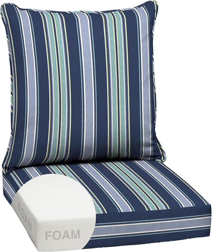 Arden Outdoor Foam Deep Seat Cushion Set, 24x24, Premium High-Density Foam, Never Flattens, Weather-Proof for Patio Chair Sofa Couch, Sapphire Aurora Blue Stripe