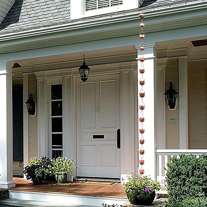 Rain Chains - Pure Copper Tulip Rain Chains for Downspouts. 8.5 Feet Length. Free Gutter Adapter. Windchime and Fountains on Rainy Days.
