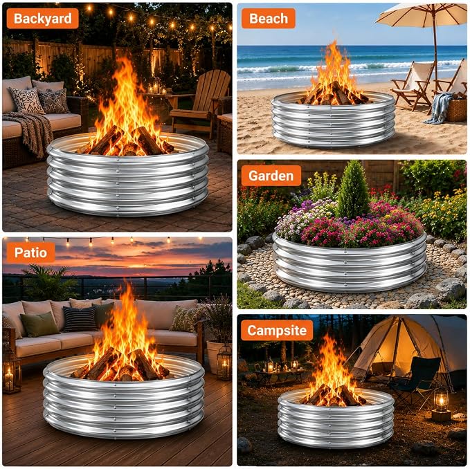 39 Inch Fire Pit Ring for Outside, 17'' Deep Heavy Duty Firepit,Wood Burning, DIY In Ground or Above-Ground, Outdoor Heavy Duty Galvanized Steel Fire Pits for Backyard Bonfire, Patio & Camping