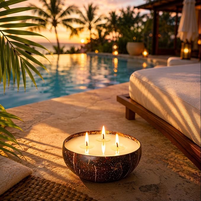 Viyffo 18oz Large Citronella Candles Outdoor, 3 Wick Citronella Candle, Natural Coconut Shell Jar, Non Toxic Soy Candle for Patio, Backyard, Deck & Camping, Rustic Decor Gift (with Fireproof Mat)