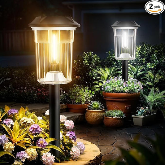 BITPOTT Solar Lights Outdoor Waterproof, 2 Pack Solar Pathway Lights Outdoor,Auto On/Off Solar Powered Garden Lights for Yard Lawn Patio Walkway Driveway Decor Landscape Lighting,2-in-1 Warm&Cool