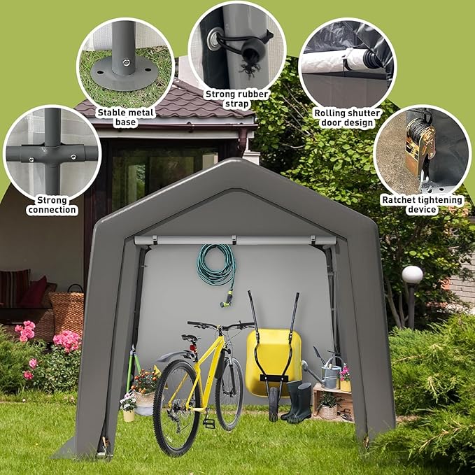 PeakPursuit Outdoor Carport Canopy, Heavy Duty Canopy Shed,Metal Frame Storage Shed with Waterproof, Uv Resistant Cover, Portable Storage Tents with Rollup Zipper Doors for Backyard, Garden