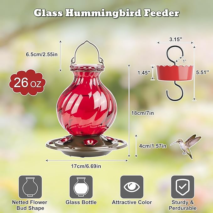 Hummingbird Feeder, Auslar 26 Ounces Glass Hummingbird Feeders for Outdoors Hanging Ant and Bee Proof, Ant Moat & 5 Flower Feeding Ports, Rustproof, Leakproof, Netted Flower Bud Shape Bottle, Red