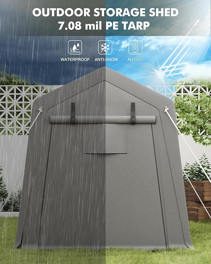 6x8 ft Carport Storage Shed, Portable Garage Tent with Roll-Up Zipper Door, Waterproof Heavy Duty Tarp Canopy, Vented Front & Back, for Motorcycle Bike Firewood Tools Outdoor Storage Shelter