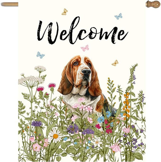 Floral Basset Hound Garden Flag Spring Summer House Flags 28 x 40 Double Sided Flower Dog Yard Flags for Outside Large Outdoor Welcome Flags