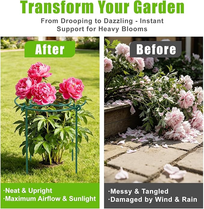 cyrico Peony Cages and Supports 5 Pack, 12” x 16” Heavy Duty 3.5mm Metal Peony Stakes with 4 Legs, Rust-Proof Grow Through Plant Support Hoops, Outdoor Garden Flower Support Rings for Heavy Blossoms