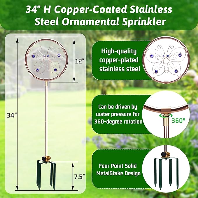 34" Tall Copper-Coated Stainless Steel Garden Sprinkler, 360° Rotating Decorative Ornamental Sprinkler for Lawn, Yard & Landscape Watering (Butterfly)