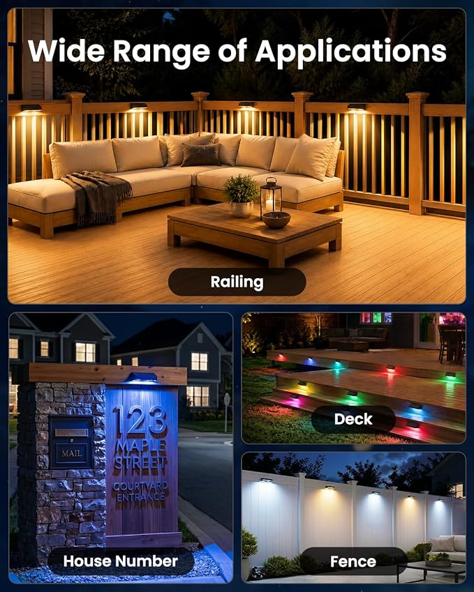 JOFIOS Fence Lights Solar Powered, 9 Fixed Colors ＆ Color Changing Solar Wall Lights Outdoor Waterproof IP65 Dusk-to-Dawn LED Deck Lighting for Patio, Railing, Pool, Porch, Backyard, Wall, 8 Pack