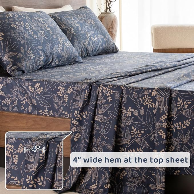 QSH Floral Egyptian Cotton Sheets Queen Size - Elegant Navy Botanical Pattern Printed Bedding Sheets Queen Size Bed Extra Soft and Breathable 4pcs Deep Pockets Bed Sheets