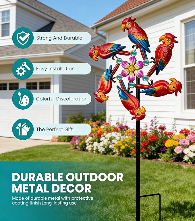 44" Parrot Garden Wind Spinners - Metal Outdoor Stakes Kinetic Wind Spinner Windmills Decor, Wind Sculpture Yard Art Decorations for Patio, Lawn & Garden