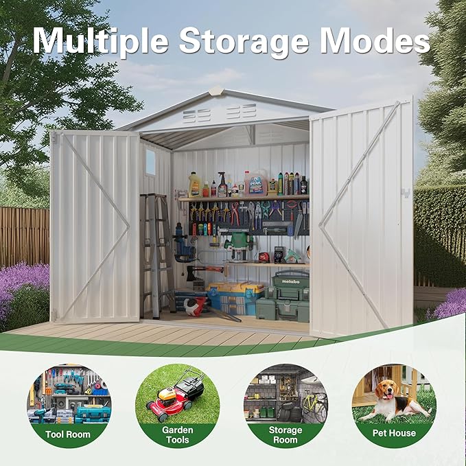 6x3.6FT Metal Storage Shed Outdoor Garden Tool Shed, Galvanized Steel Weather Resistant Backyard Organizer, Lockable Utility Storage House for Patio Courtyard with Ventilation & Skylight Design