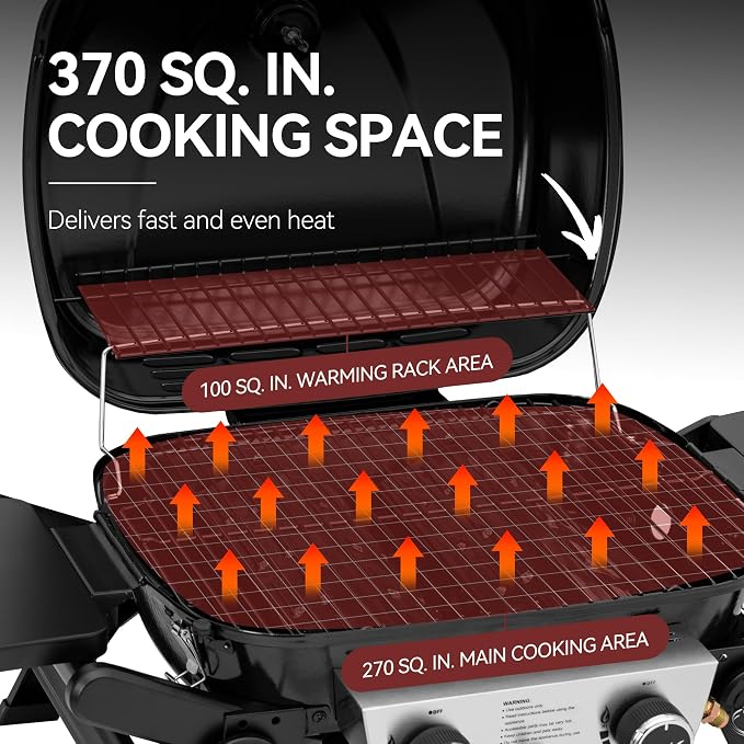 Royal Gourmet GT2005 2 Burner Portable Propane Gas Grill with Foldable Side Tables & Foldable Support Legs, Tabletop Gas Grill with Warming Rack for Outdoor Cooking & Grilling, Black