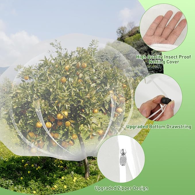 2PCS Large Fruit Tree Netting with Drawstring and Zipper, 8 x 8FT Blueberry Bush Netting Cover, Garden Bird Netting Plant Cover for Protect Plant Fruit Flower from Birds, Bugs, Cicadas, Insects