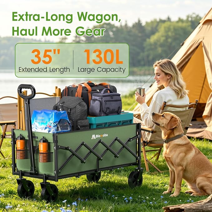 35'' Extra Long Collapsible Wagon with Wheels, 220 LBS Folding Wagon with 360° Swivel Wheels Adjustable Handle, Lightweight Portable Utility Cart for Grocery, Shopping, Garden, Sports, Camping, Green