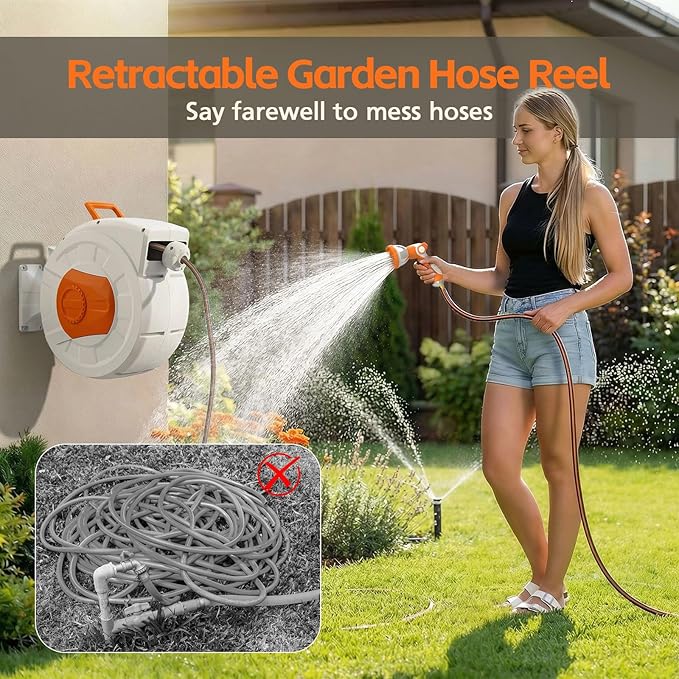 Garden Hose Reel 100ft, 1/2 Inch water hose, Wall Mounted and 180 Deg Swivel Bracket, Slow Retraction Any Length Lock 10 Spray Nozzle