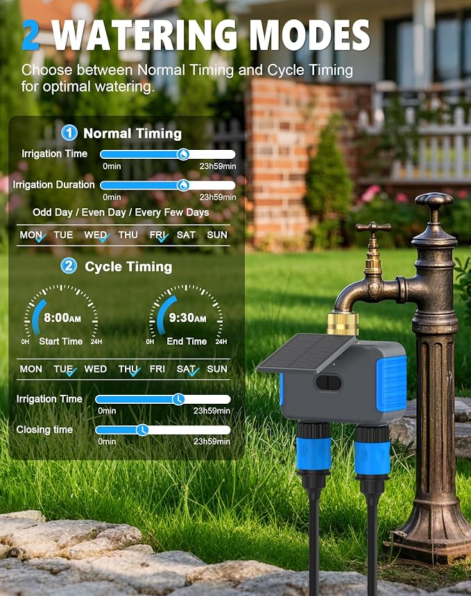 WiFi Solar Sprinkler Timer, 2 Zone Smart Bluetooth Hose Timers, Water Timer for Garden Hose with APP, Digital Automatic Irrigation System Compatible with Alexa Google, for Outdoor Garden Lawn